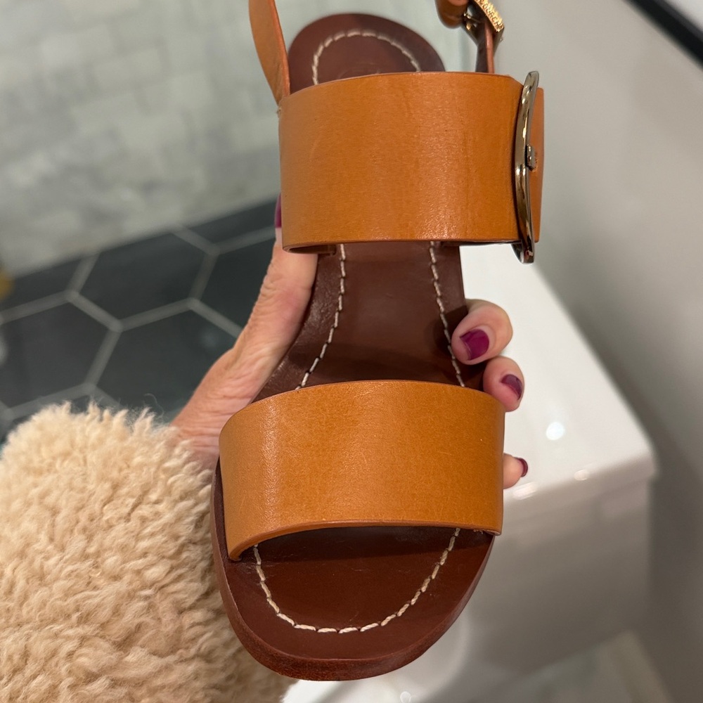 Tory Burch 5.5 Thames MONARK VACHETTA custom tan leather heeled sandals - Picture 14 of 15